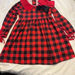 Red and Black Buffalo Plaid Kids Costume Dress with Bow